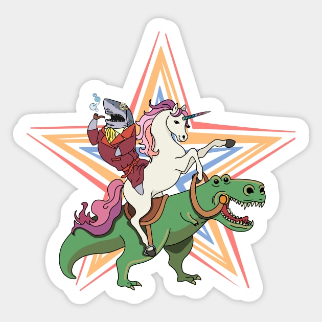 Unicorn and Shark Riding T-Rex Party Dinosaur Sticker by KimLeex